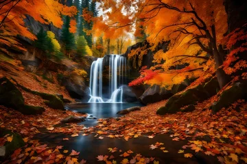 Poster waterfall in autumn forest generated by AI technology © soman