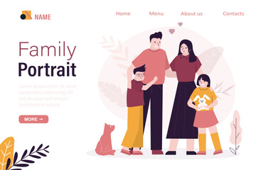 Happy family portrait, landing page template. People standing. Father, mother, son and daughter together. Parents and their children with cat and toys.