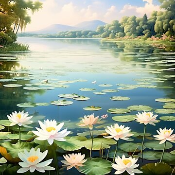 A scenic view of lotus leaves and flowers on a calm lake, a landscape lotus leaves and petal blossom a natural wonderland, a wallpaper background image
