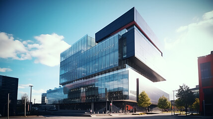 A striking modern office building captured by an HD camera, showcasing its sleek architecture and...