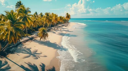 Bounty and pristine sandy shore with coconut palm trees, caribbean sea washes tropical coastline. Arenda Gorda beach. - obrazy, fototapety, plakaty