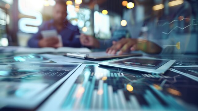 business documents on office table with smart phone and digital tablet and graph financial with social network diagram and man working in the background