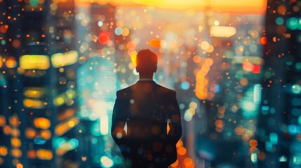 Businessman on blurred city background