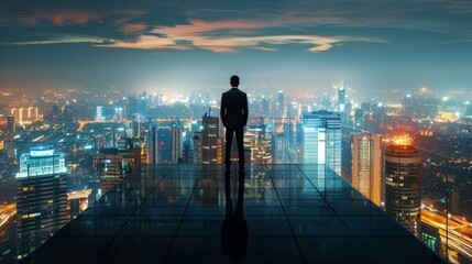Fototapeta na wymiar Businessman standing on open roof top balcony watching city night view .
