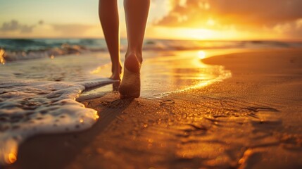 Close up detail bottom behind pov view of pretty female person barefoot legs heel walking by scenic sandy ocean or sea beach at warm golden sunrise morning.