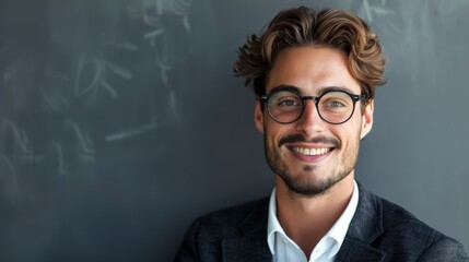 Close up Smiling Young Businessman Wearing Eyeglasses, Looking at the Camera Against Gray Wall Background with Copy Space - obrazy, fototapety, plakaty