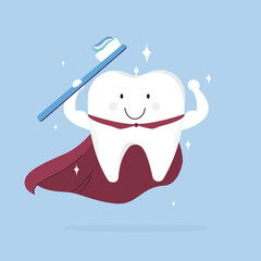 Superhero tooth flying with toothpaste and toothbrush. Strong healthy teeth in red cloak. Cute, smiling and happy tooth super hero. Teeth care and hygiene.