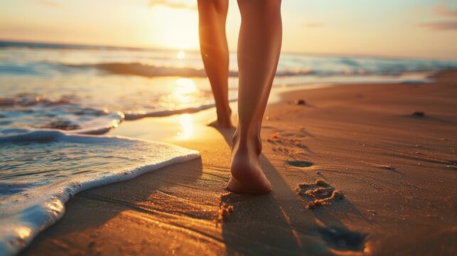 Close up detail bottom behind pov view of pretty female person barefoot legs heel walking by scenic sandy ocean or sea beach at warm golden sunrise morning.