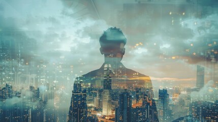 Double exposure photo a businessman and view of the city
