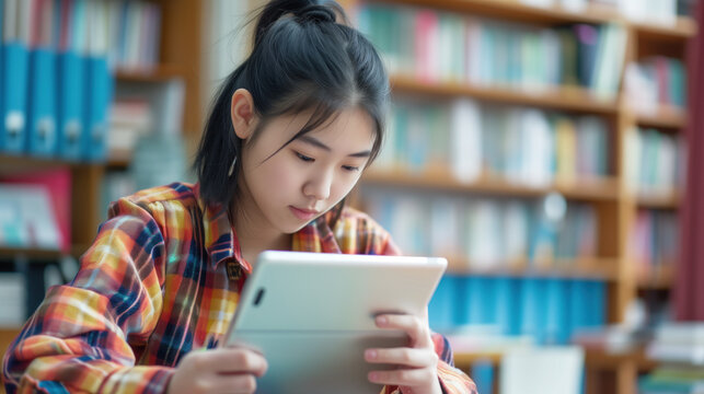 Young asian female student using tablet in library