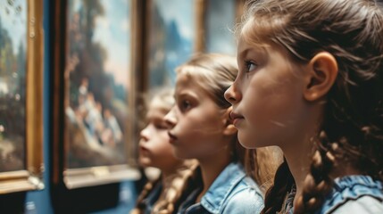 Kids in school visiting an art gallery. - obrazy, fototapety, plakaty