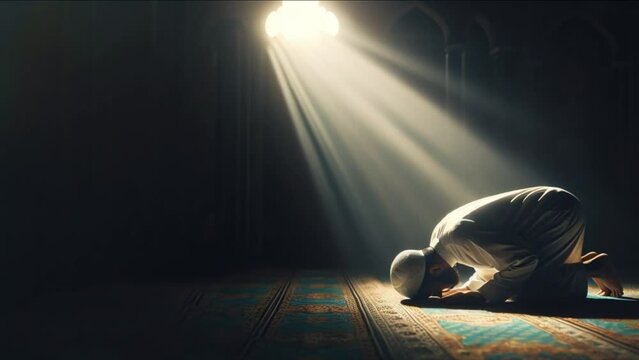 A bright holy light shines on a Muslim prostrating himself to God