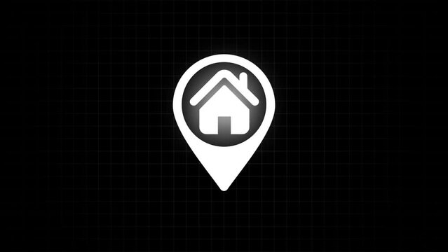 Location icon animation with home icon concept video. Map pointer with house icon isolated on black background. Home location marker symbol.