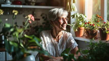 A woman kneels amidst colorful flowers in a living room.
