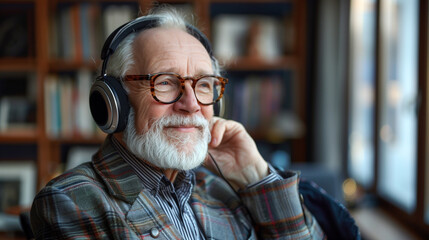 Senior Gentleman Relishing Music with Headphones in a Home Library