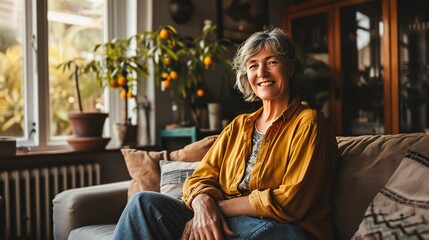 Middle-aged woman with a smile relaxing on the couch at home.