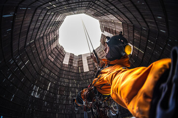 Rope access specialist in a cooling tower. A worker inspects the building