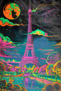 1970s psychedelic blacklight poster of the Eiffel tower in paris
