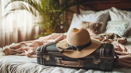 Modern suitcase full of things, handbag and straw hat on bed at home or hotel. Baggage case packing getting ready to travel trip vacation.