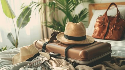 Modern suitcase full of things, handbag and straw hat on bed at home or hotel. Baggage case packing getting ready to travel trip vacation.