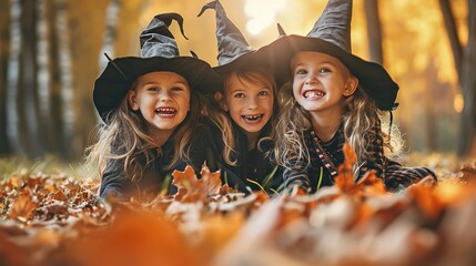 Three small youngsters on Halloween day, grinning and donning witch hats.