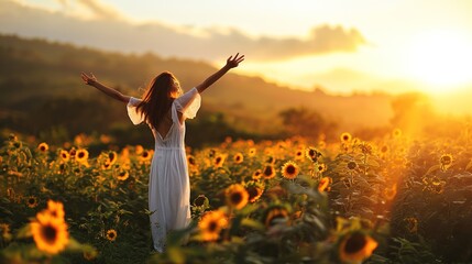 Happy woman freely in a sunflower field under a sunset.
