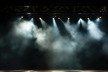 Empty stage in the bright rays of spotlights and puffs of smoke. Generated by artificial...