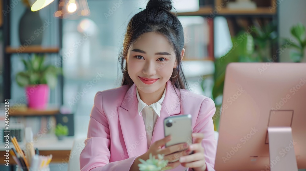 Wall mural Portrait smile beautiful business asian designer woman with pink suit working office desk using phone computer.