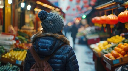Obraz premium A woman walking down a street past a fruit stand. Suitable for commercial use