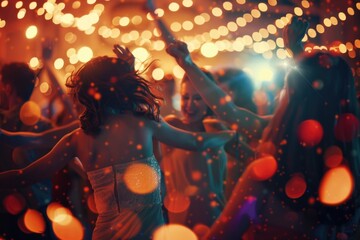 A group of people dancing at a lively party. Suitable for event promotions