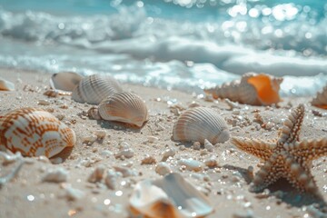 Fototapeta na wymiar Seashells and starfish scattered on a sandy beach, perfect for summer vacation promotions