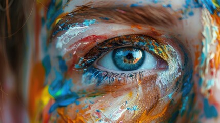 A close-up of a person's eye covered in paint. Perfect for artistic projects