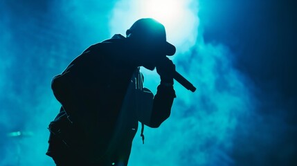 Silhouette of rap singer performing on stage. Bright blue background with hip hop artist performing on concert in night club - obrazy, fototapety, plakaty