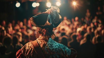 A man in a pirate costume standing in front of a crowd, suitable for event promotions