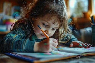 A little girl sitting at a table with a pencil. Suitable for educational materials - obrazy, fototapety, plakaty