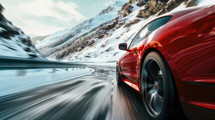 A red sports car driving on a snowy road. Suitable for winter driving safety campaigns