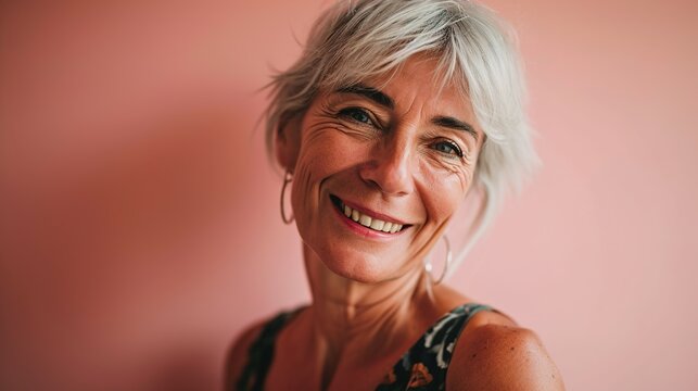 Close-up portrait of  old woman with and smile on pink background.