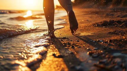 lady's feet in close-up as she strolls along a sandy beach at dusk. - obrazy, fototapety, plakaty