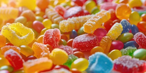 Close up of colorful gummy bears, perfect for candy shop advertising
