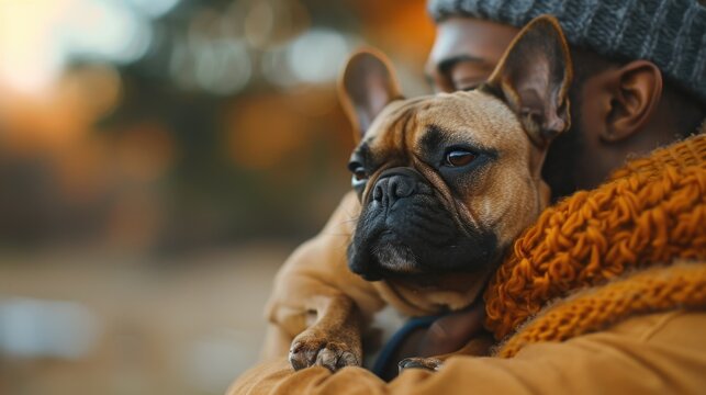 A man holding a dog in his arms, suitable for pet adoption campaigns