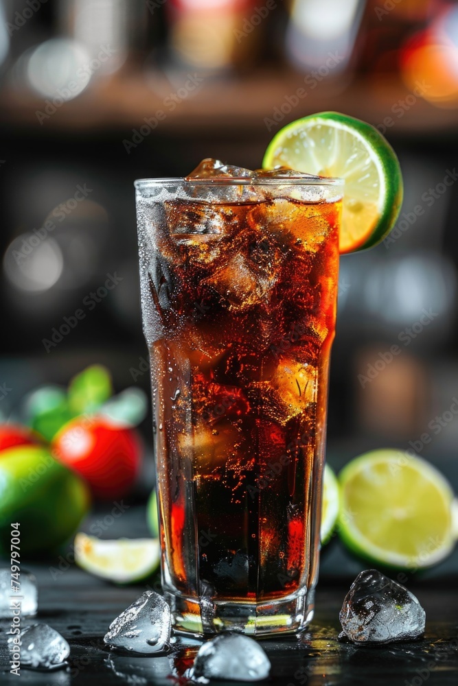 Poster a glass of soda with a lime slice on the rim. suitable for food and beverage concepts