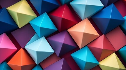 Obraz premium Colorful Abstract Geometric Background with 3D Solid Figures - Pyramid, Dodecahedron, Prism, Rectangular Cube on Colored Paper