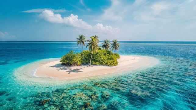 Uninhabited palm island with sandy beach, offshore coral reef,