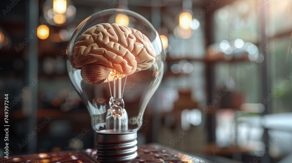 Poster Light bulb with a brain inside, ideal for science and innovation concepts