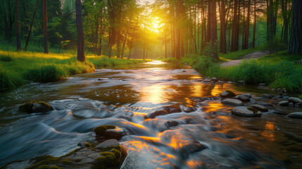 Golden Sunset Over Serene Forest Stream with Smooth Flowing Water
