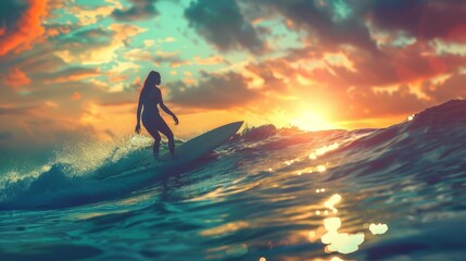 Water woman going for a sunset surf - Powered by Adobe