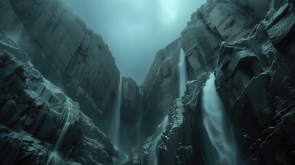 Mystic Waterfalls Cascading Down Towering Cliffs in a Fog-Enshrouded Landscape