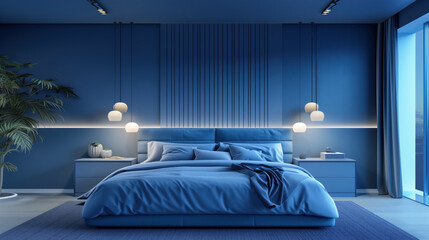 Sleek Monochromatic Blue Bedroom with Modern Minimalist Design
