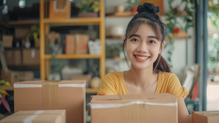 Fototapeta premium Young attractive asian woman owner startup business look at camera work happy with box at home prepare parcel delivery in sme supply chain, procurement,