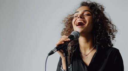 Young cheerful female singer in black shirt with curly hair singing song into microphone during rehearsal on white background